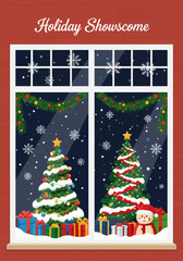 Naklejka premium Festive Christmas window display vector illustration featuring decorated evergreen trees with stars, colorful gift boxes, garlands, a snowman, and falling snow at night.