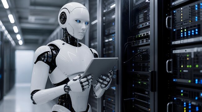 An artificial intelligence humanoid robot that inspects and manages server data center infrastructure while carrying a tablet. 