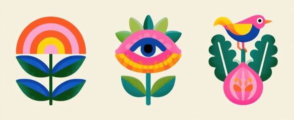 Obraz premium Vintage boho stickers 80s. Colorful trippy designs, groovy patterns, birds, vegetables, classic. Stylish hand-drawn tags, badges, decals