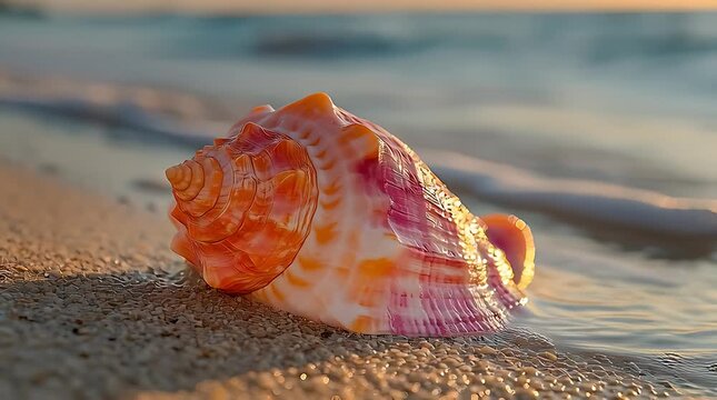 Seashell on Sandy Beach with Gentle Waves at Sunset.