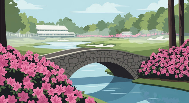 Vector illustration of a scenic golf course featuring a stone arched bridge over a water hazard, blooming pink azalea bushes, green fairway with bunkers, and a distant white clubhouse.