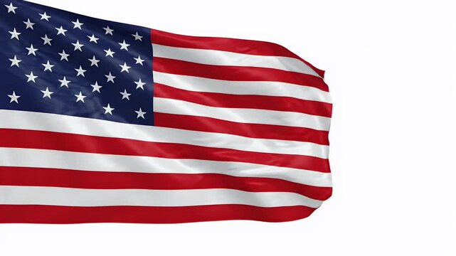 Waving American Flag with Glossy Stars on White Background - A close-up view of an elegantly curved American flag with glossy stars, set against a bright white background.