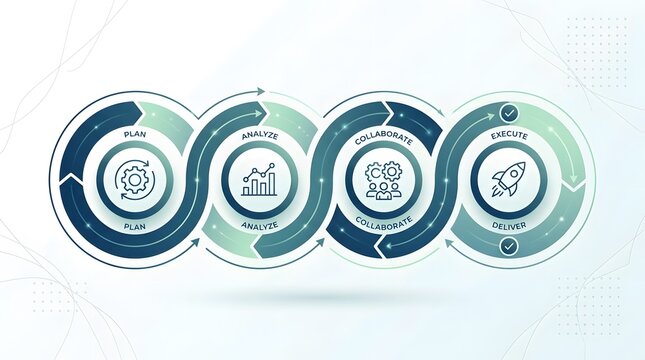 Seamless circular flow infographic illustrating strategic business phases from analysis to execution with clean geometric elements and line icons