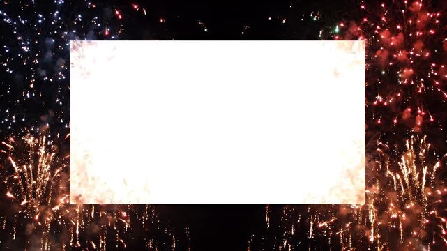 Festive Firework Burst with White Copy Space Background - A vibrant display of fireworks in red, blue, and gold bursts illuminates the night sky, framing a large, blank white space.