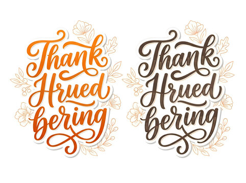 Elegant handwritten  Thank You greeting card design featuring 'Thank Hrued bering' text with autumnal leaf accents, warm sepia and burnt orange color palette, artistic calligraphy style for festive or