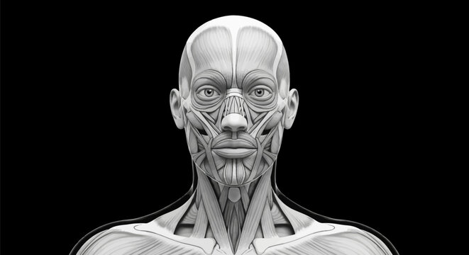 Detailed anatomical 3D rendering of human head, neck, and upper torso musculature. Grayscale front view illustration showing facial muscles, trapezius, and deltoids on black background.