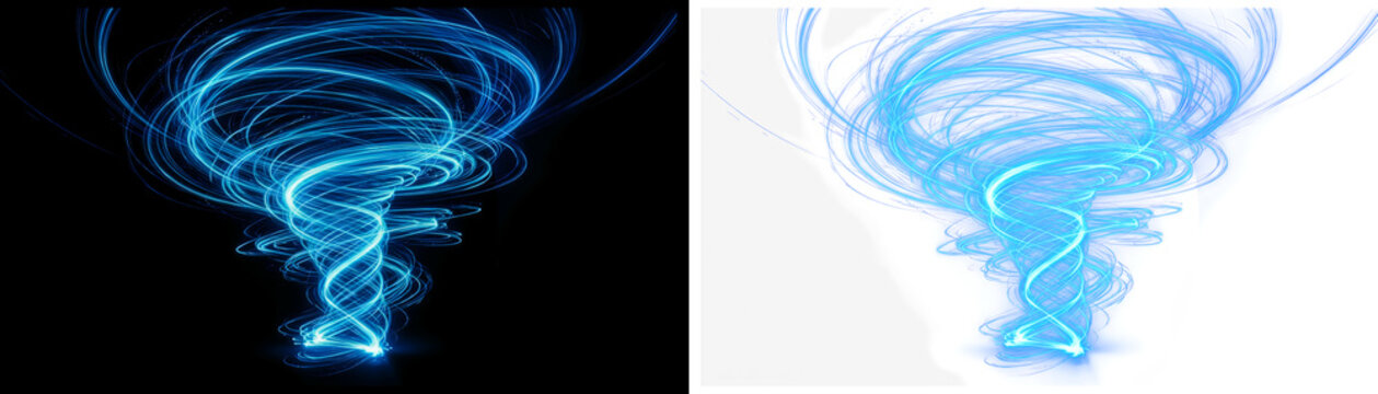 Blue swirling vortex, glowing neon effect, abstract stormy weather, dynamic motion graphics element