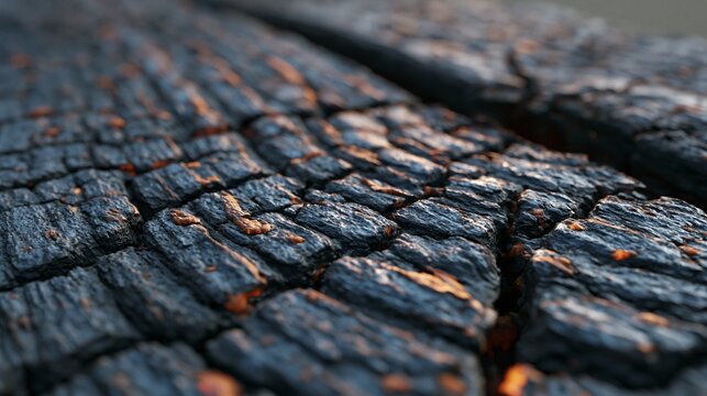Close-up macro shot of yakisugi burnt wood texture with crack