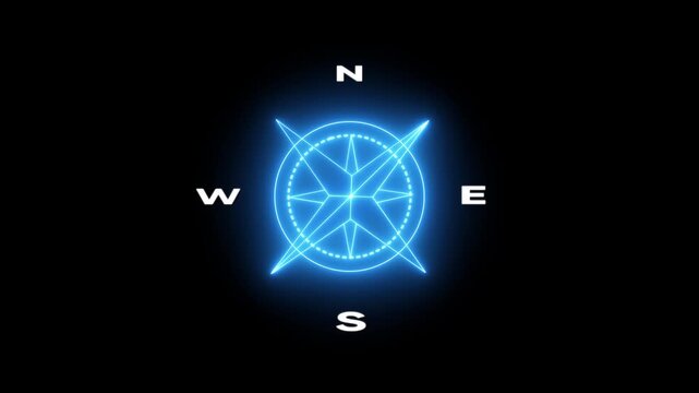 Glowing neon compass rose hud rotating digital navigation interface for futuristic ui