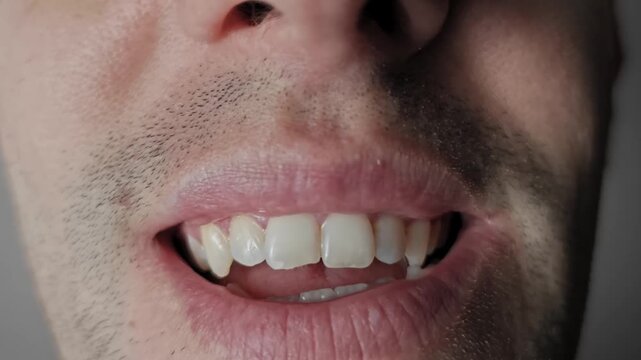Front-on macro shot captures a male mouth with stubble breaking into a wide maniacal laugh. The intense expression reveals gums and crooked teeth conveying insanity or amusement.