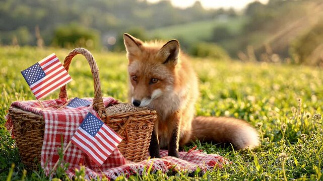 Friendly Fox with Patriotic Picnic Basket in Sunny Meadow - A charming red fox sits attentively beside a woven picnic basket adorned with small American flags and a red and white checkered cloth.
