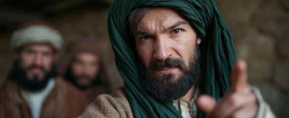 Fototapeta premium An intense historical moment showing a resolute man leading soldiers against early followers amid rugged ancient surroundings.