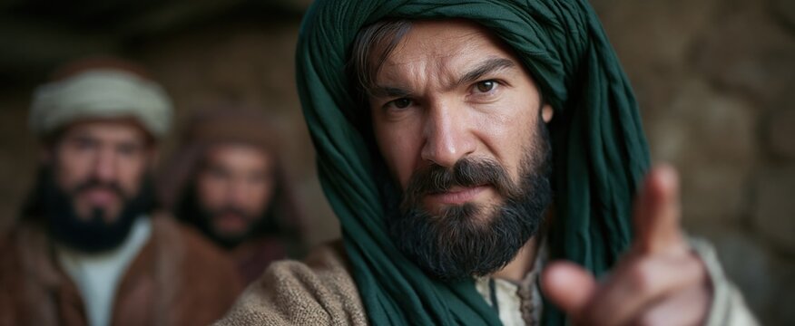 An intense historical moment showing a resolute man leading soldiers against early followers amid rugged ancient surroundings.