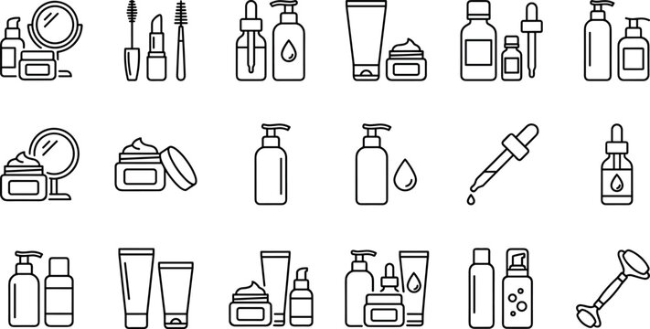 Skincare and cosmetics line icon vector set featuring bottles creams lotions serums jars droppers mirror and face roller on white background