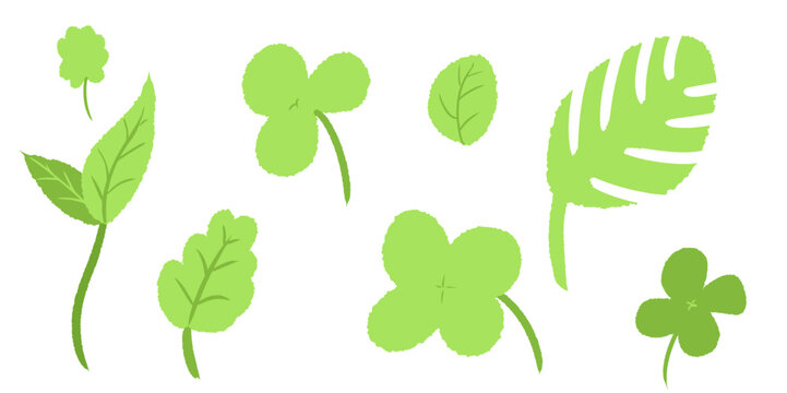 A collection of various green leaves and plant elements, including clover, simple leaves, and lobed foliage, depicted in a flat, illustrative style on a white background.