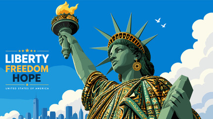 The Statue of Liberty, a symbol of freedom and hope, stands tall against a vibrant blue sky with fluffy clouds. © Naruto