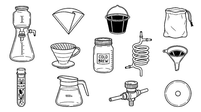 Hand Drawn Cold Brew Coffee Equipment Set Illustration.