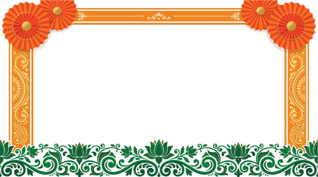 Indian Independence Day decorative border with saffron and green floral motifs and lotus flowers