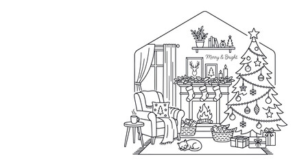 Obraz premium Cozy Christmas Scene Line Art: Fireplace, Tree, Gifts, Cat, Armchair