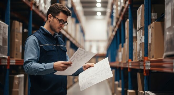 Focused warehouse worker diligently reviewing inventory documents amidst tall shelves and organized stock