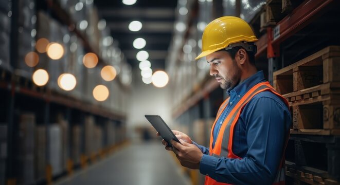 Focused worker in yellow hardhat and orange vest uses digital tablet to review data in a warehouse setting