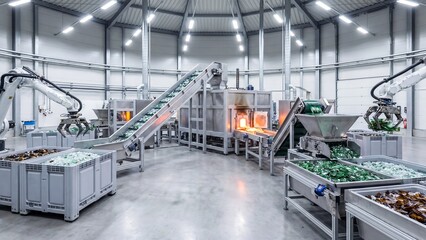 Obraz premium Modern glass recycling factory interior with robotic arms conveyors furnace and sorted cullet showing automated waste processing sustainable manufacturing and industrial circular economy technology