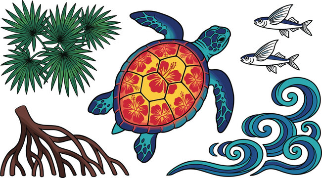 Tropical Sea Turtle Collection with Hibiscus Shell Pattern Mangrove Ocean Waves and Flying Fish Vector Illustration Set