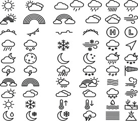 Naklejka premium Modern Minimalist Weather Line Icon Collection Featuring Forecast Symbols for Sun Clouds Rain Snow Lightning Rainbow and Temperature Monitoring Web Interface Designs