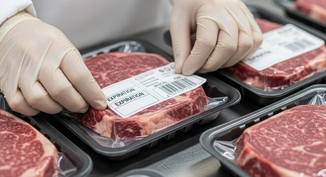 Gloved hands carefully applying an expiration date label to a fresh package of raw beef steak in a food production setting.