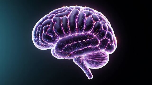 This vibrant, glowing neurological synapse network visualization showcases the intricate pathways carrying electrical impulses throughout the human cerebrum and cerebellum, representing
