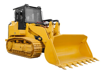 Fototapeta premium Yellow bulldozer with a large blade isolated on a white transparent background. The front part of the machine is yellow and the back part is black.