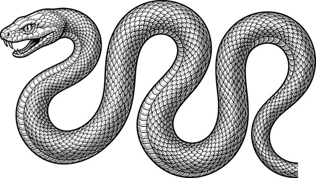  Detailed Engraved Snake Illustration Curved Serpent Black and White Vector Art