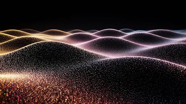 Dynamic, shimmering waves of luminous, tiny particles create a mesmerizing, undulating landscape with vibrant gradient illumination, evoking a sense of futuristic cosmic exploration and abstract