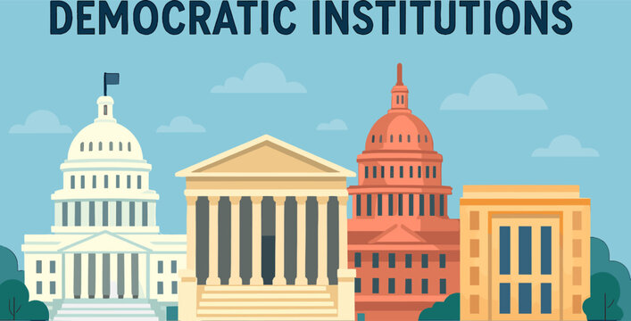 Vector illustration of iconic democratic institutions and government buildings under a blue sky, representing US political power and governance.