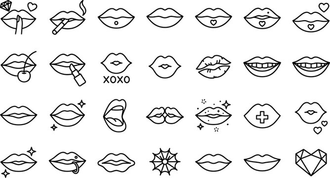 Lips expression and beauty line icon vector set featuring kissing mouth lipstick smile smoke cherry hearts and tooth gems on white background