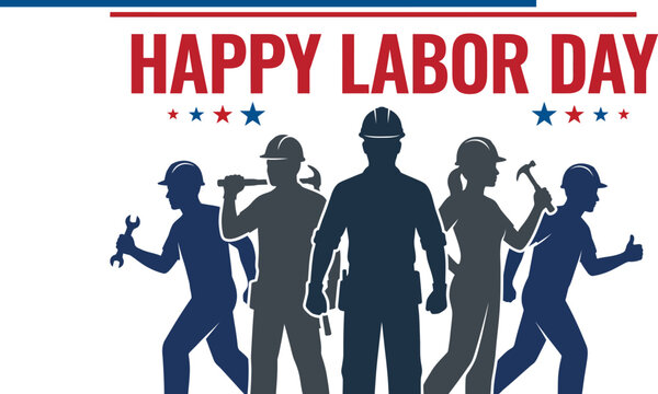  Happy Labor Day vector banner with silhouettes of industrial construction workers holding tools and patriotic stars