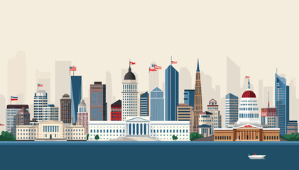 Obraz premium Vector illustration of a modern cityscape with a prominent government building and skyscrapers along a waterfront.