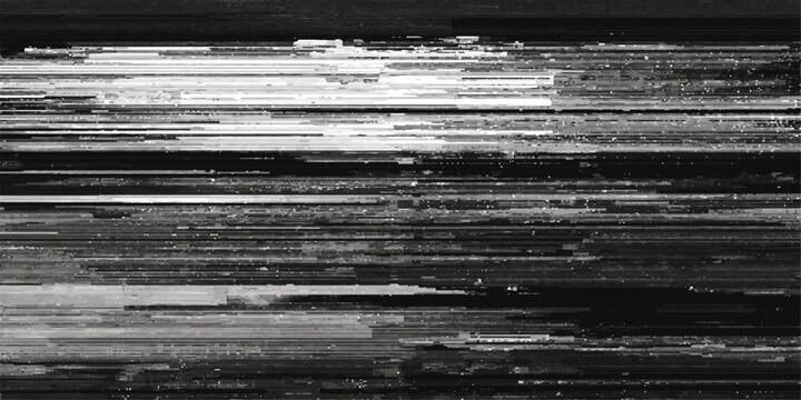 Abstract glitch art creates a chaotic visual symphony of distorted lines, broken patterns, and grayscale tones, evoking a sense of digital disruption and technological interference.