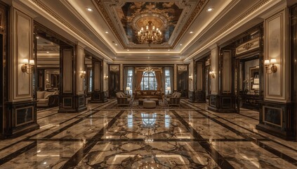 Obraz premium Luxurious hotel lobby interior with marble floors and ornate ceiling lighting.