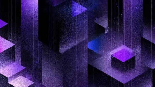 Abstract isometric blocks illuminated with vibrant purple and blue galactic texture