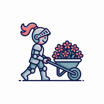 Knight pushing wheelbarrow with flowers.