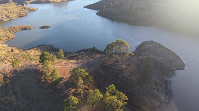 Beautiful aerial view of the Las Ninas Dam and the famous Casandra Pine during a golden sunset, showing the serene lake and arid landscape