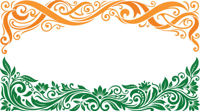 Decorative Indian Independence Day border with floral motifs in saffron and green colors
