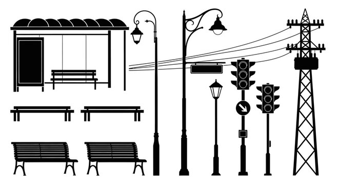 Collection of urban street elements silhouette isolated on transparent background for city planning and architectural design