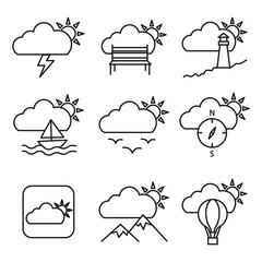 Fototapeta premium Weather travel vacation icon set features linear vector element. Represents autumn storm climate and morning sky adventure.