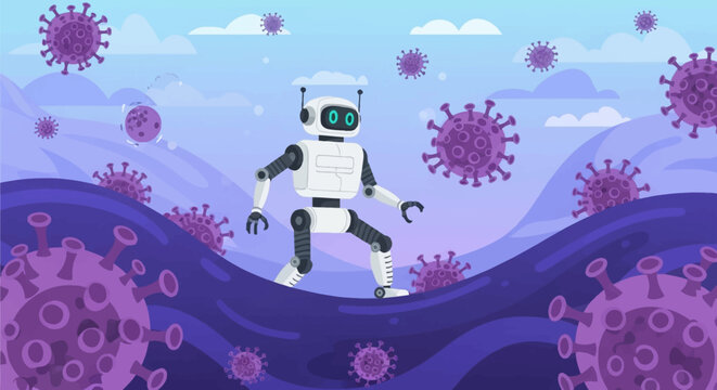 Flat vector illustration of a bipedal nanobot navigating a microscopic environment filled with purple virus pathogens, bacteria, and pathogens in a blue fluid bloodstream setting.