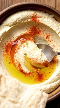Detailed Close Up Of Smooth Hummus With Olive Oil Pool Paprika Sprinkle And Pita Bread Being Dipped In Natural Lighting Creamy Middle Eastern Food Commercial