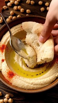 Premium Shot Of Smooth Hummus With Olive Oil Pool Paprika Sprinkle And Pita Bread Being Dipped In Natural Lighting Creamy Middle Eastern Food Commercial