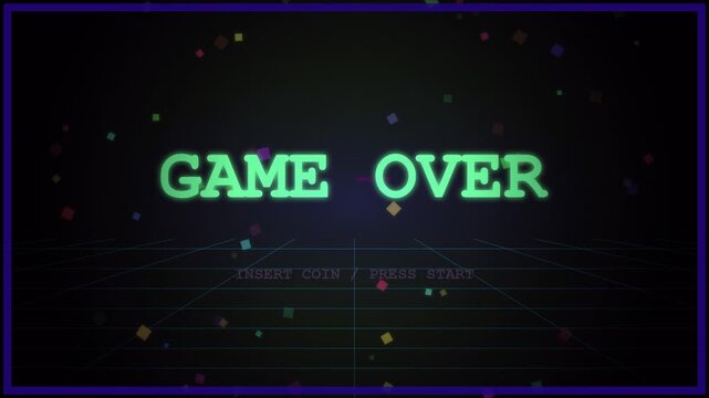 Retro Game Over screen with neon text and grid background animation