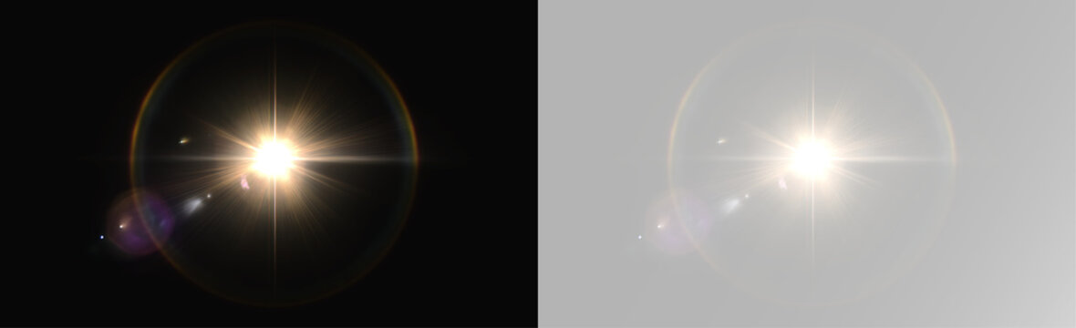 Bright sun lens flare light effect with glowing halo ring starburst rays optical reflection sparkle shine illumination